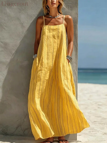 Women’s Striped Print Casual Loose-fit Cotton-linen Sundress - Yellow / S