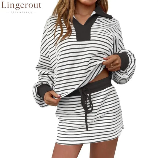 Women’s Striped Two-Piece Casual Sweatshirt and Skirt Set - Black / S