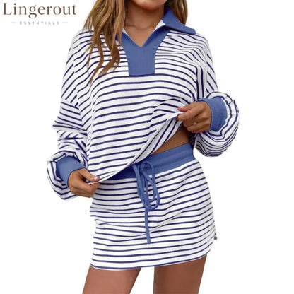 Women’s Striped Two-Piece Casual Sweatshirt and Skirt Set - Blue / S