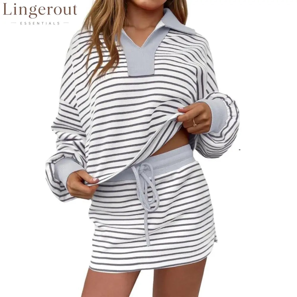 Women’s Striped Two-Piece Casual Sweatshirt and Skirt Set - Gray / S