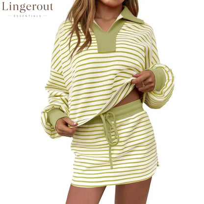Women’s Striped Two-Piece Casual Sweatshirt and Skirt Set - Green / S