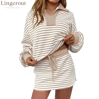 Women’s Striped Two-Piece Casual Sweatshirt and Skirt Set - Khaki / S