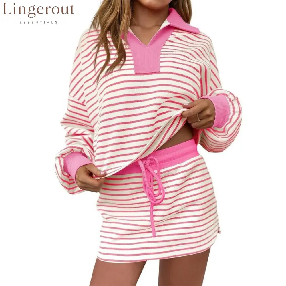 Women’s Striped Two-Piece Casual Sweatshirt and Skirt Set - Pink / S