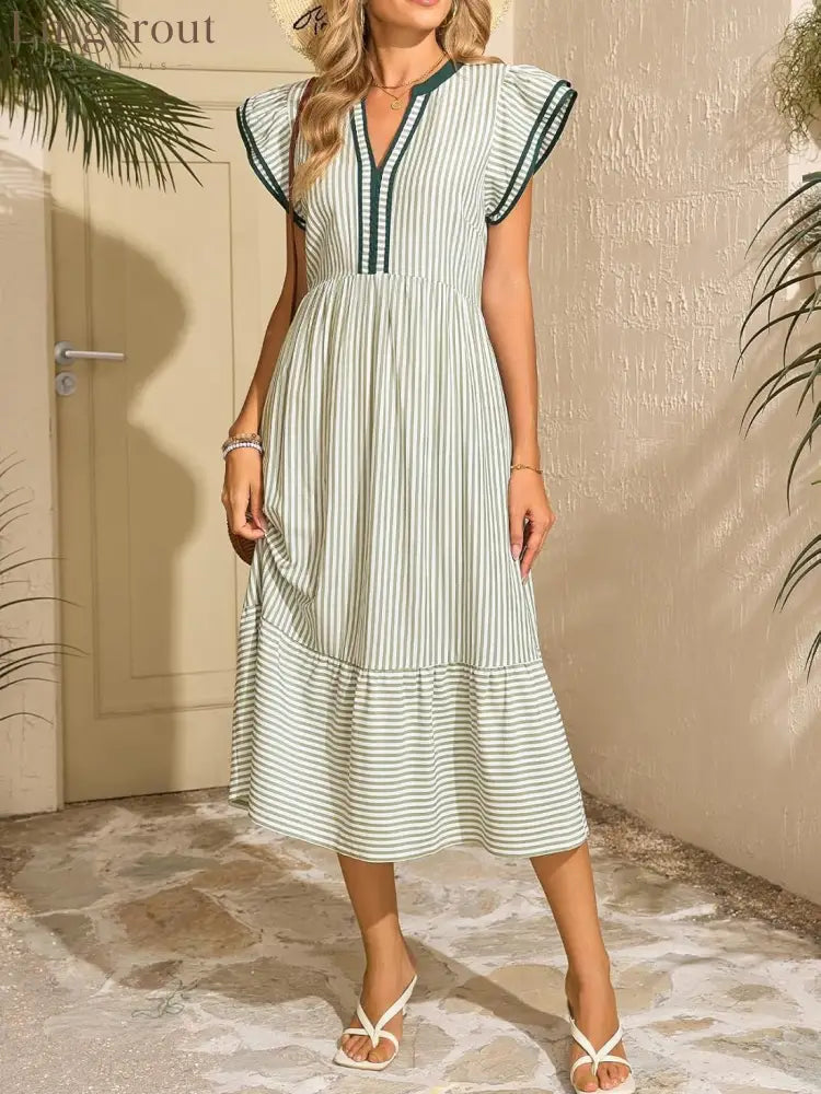Women’s Striped V-Neck Flutter Sleeve Long Dress - Green / S