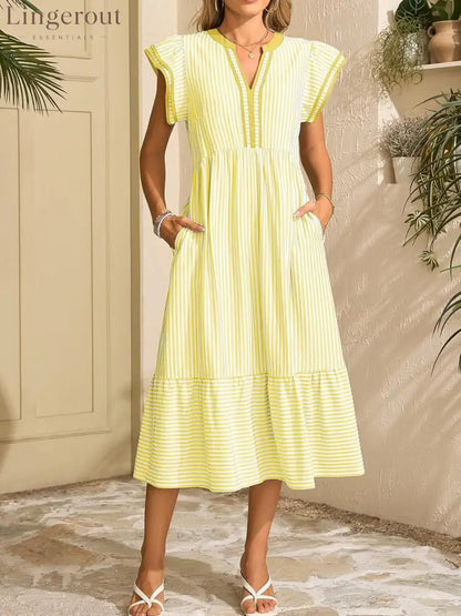 Women’s Striped V-Neck Flutter Sleeve Long Dress - Yellow / S