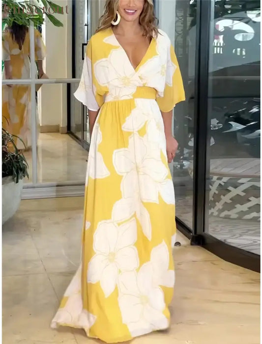 Women’s Summer Casual Boho Dress Floral V Neck Tassel Bohemian Midi Dresses - yellow / S
