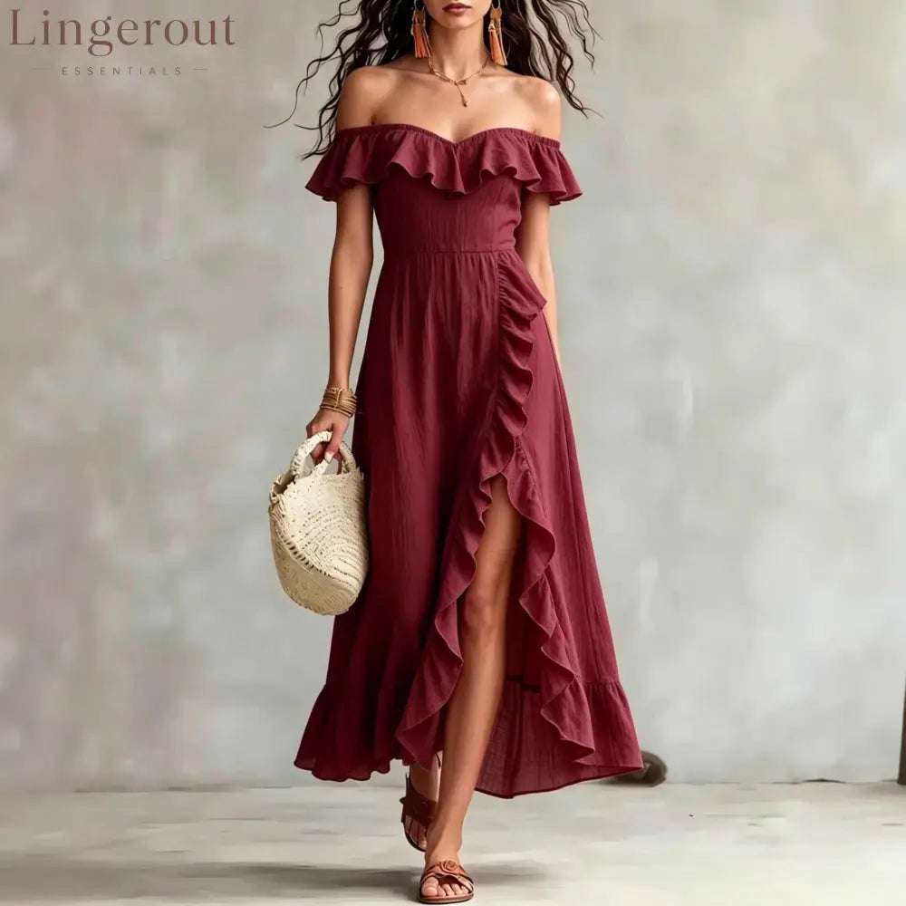 Women’s Summer Cotton Off Shoulder Ruffled Ruched Flowy Maxi Dress