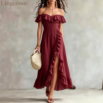 Women’s Summer Cotton Off Shoulder Ruffled Ruched Flowy Maxi Dress