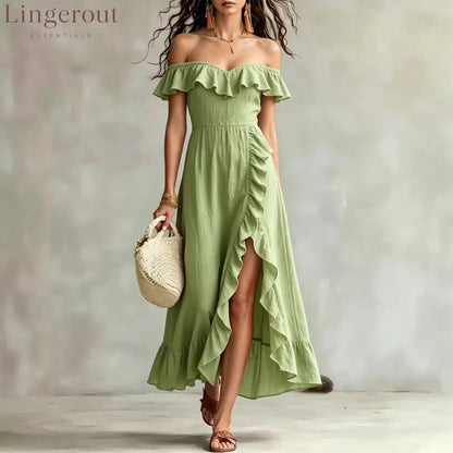 Women’s Summer Cotton Off Shoulder Ruffled Ruched Flowy Maxi Dress