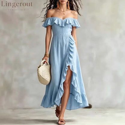 Women’s Summer Cotton Off Shoulder Ruffled Ruched Flowy Maxi Dress