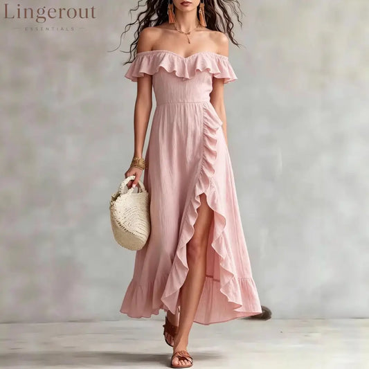 Women’s Summer Cotton Off Shoulder Ruffled Ruched Flowy Maxi Dress