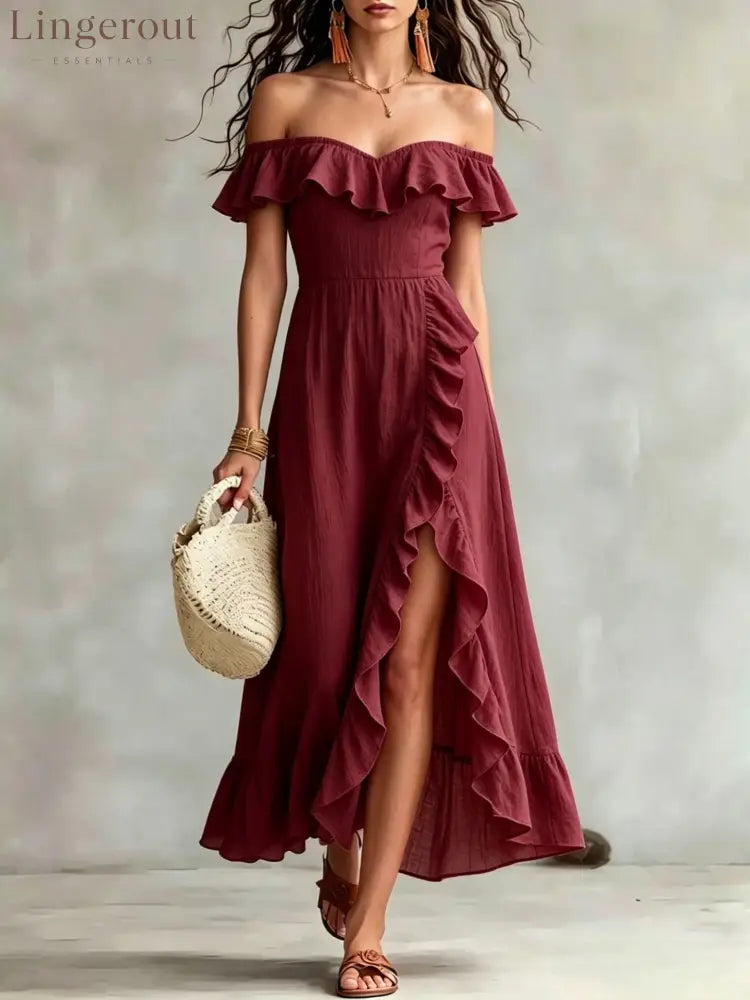 Women’s Summer Cotton Off Shoulder Ruffled Ruched Flowy Maxi Dress - Claret / S