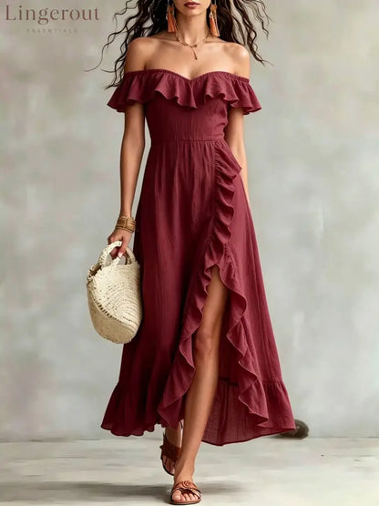 Women’s Summer Cotton Off Shoulder Ruffled Ruched Flowy Maxi Dress - Claret / S