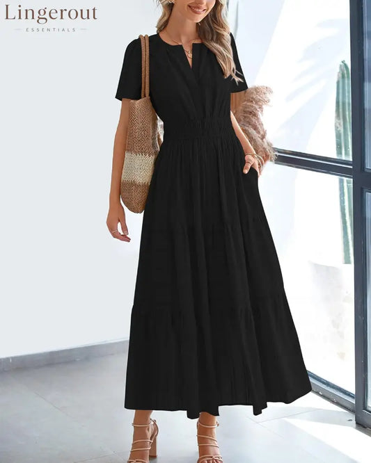 Womens Summer Lightweight Short Sleeve V Casual Midi Maxi Dresses