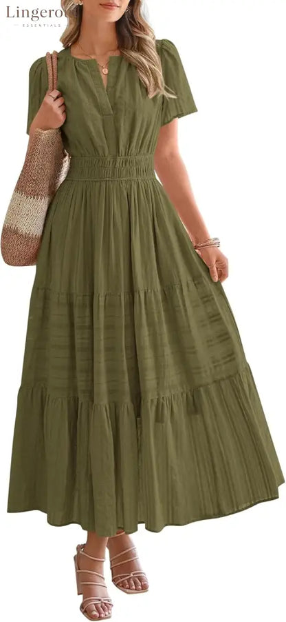 Womens Summer Lightweight Short Sleeve V Casual Midi Maxi Dresses - AMRY GREEN / S