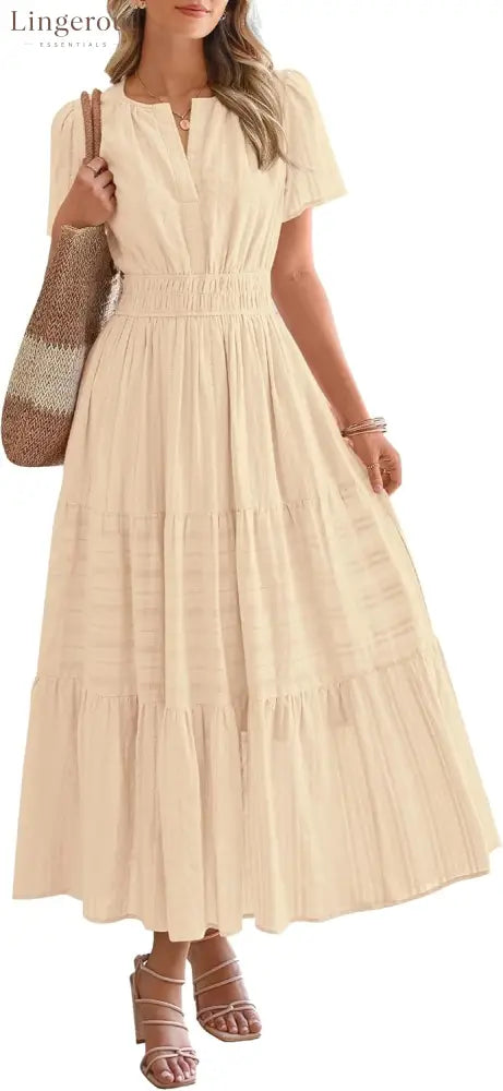 Womens Summer Lightweight Short Sleeve V Casual Midi Maxi Dresses - APRICOT / S