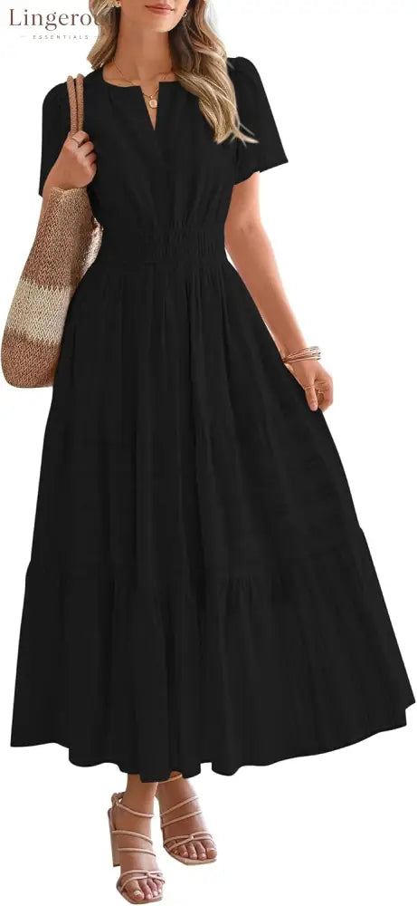 Womens Summer Lightweight Short Sleeve V Casual Midi Maxi Dresses - BLACK / S