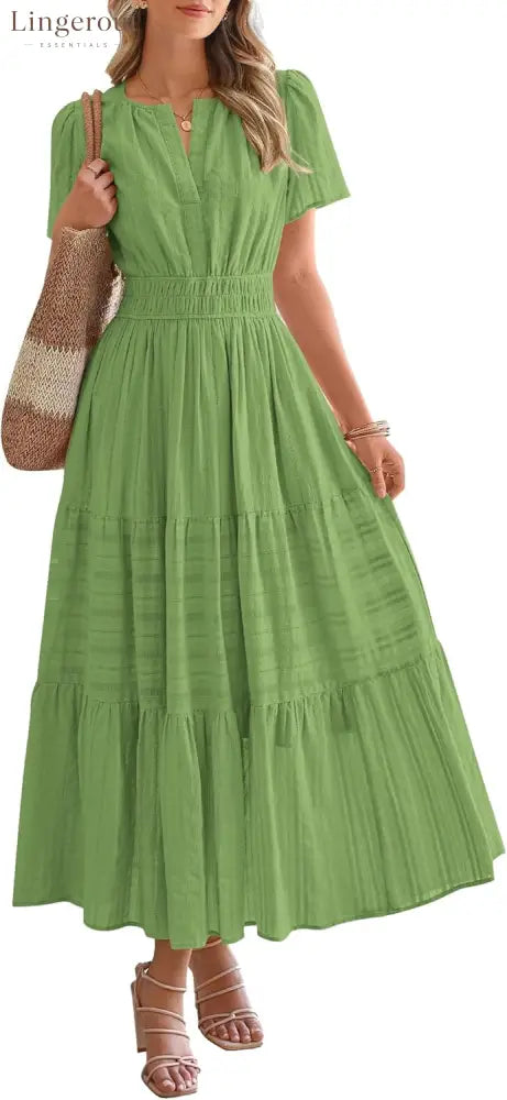 Womens Summer Lightweight Short Sleeve V Casual Midi Maxi Dresses - GREEN / S