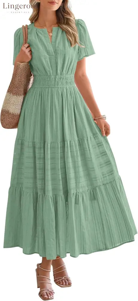 Womens Summer Lightweight Short Sleeve V Casual Midi Maxi Dresses - MINT GREEN / S