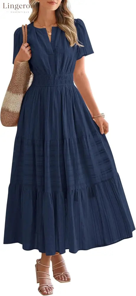 Womens Summer Lightweight Short Sleeve V Casual Midi Maxi Dresses - NAVY / S