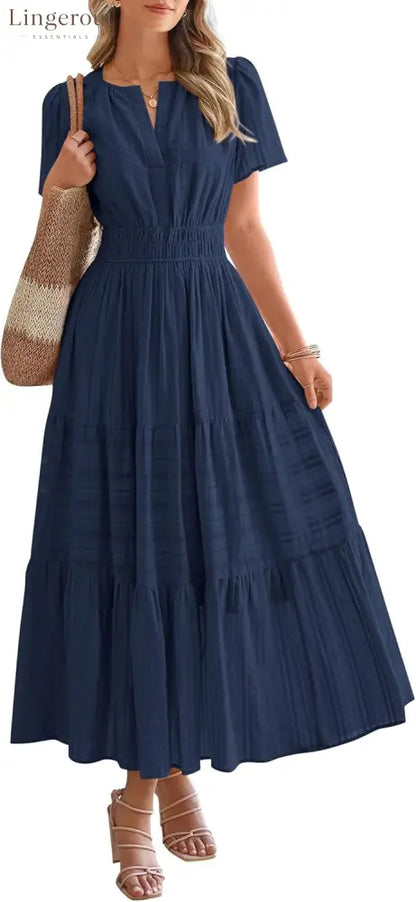 Womens Summer Lightweight Short Sleeve V Casual Midi Maxi Dresses - NAVY / S
