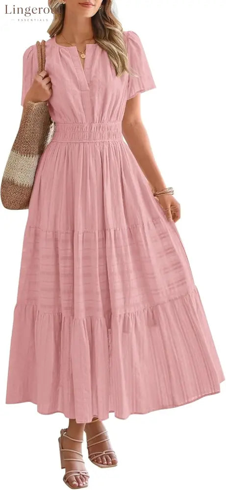 Womens Summer Lightweight Short Sleeve V Casual Midi Maxi Dresses - PINK / S