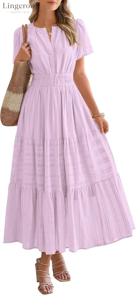 Womens Summer Lightweight Short Sleeve V Casual Midi Maxi Dresses - PURPLE / S