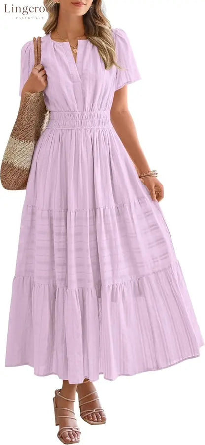 Womens Summer Lightweight Short Sleeve V Casual Midi Maxi Dresses - PURPLE / S