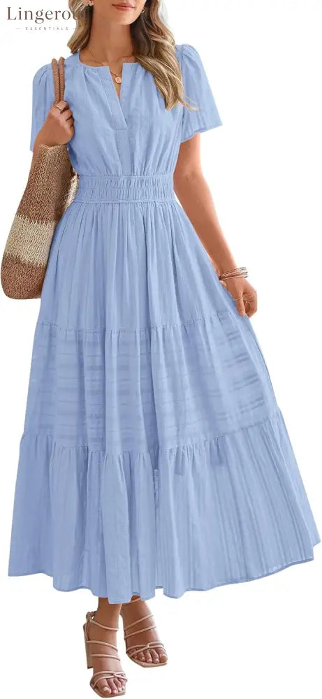 Womens Summer Lightweight Short Sleeve V Casual Midi Maxi Dresses - SKY BLUE / S