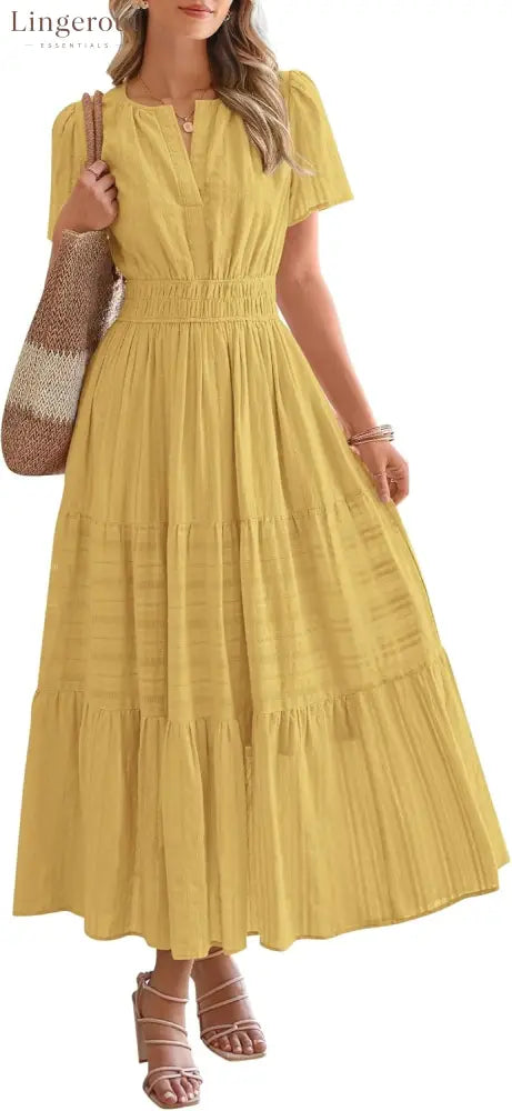 Womens Summer Lightweight Short Sleeve V Casual Midi Maxi Dresses - YELLOW / S