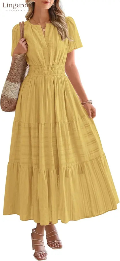 Womens Summer Lightweight Short Sleeve V Casual Midi Maxi Dresses - YELLOW / S