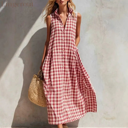 Women’s Summer Resort Seaside Plaid Sleeveless Loose Long Dress