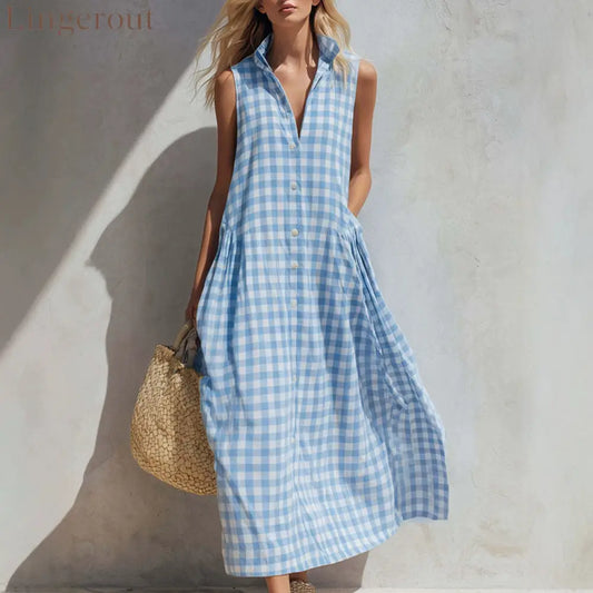 Women’s Summer Resort Seaside Plaid Sleeveless Loose Long Dress