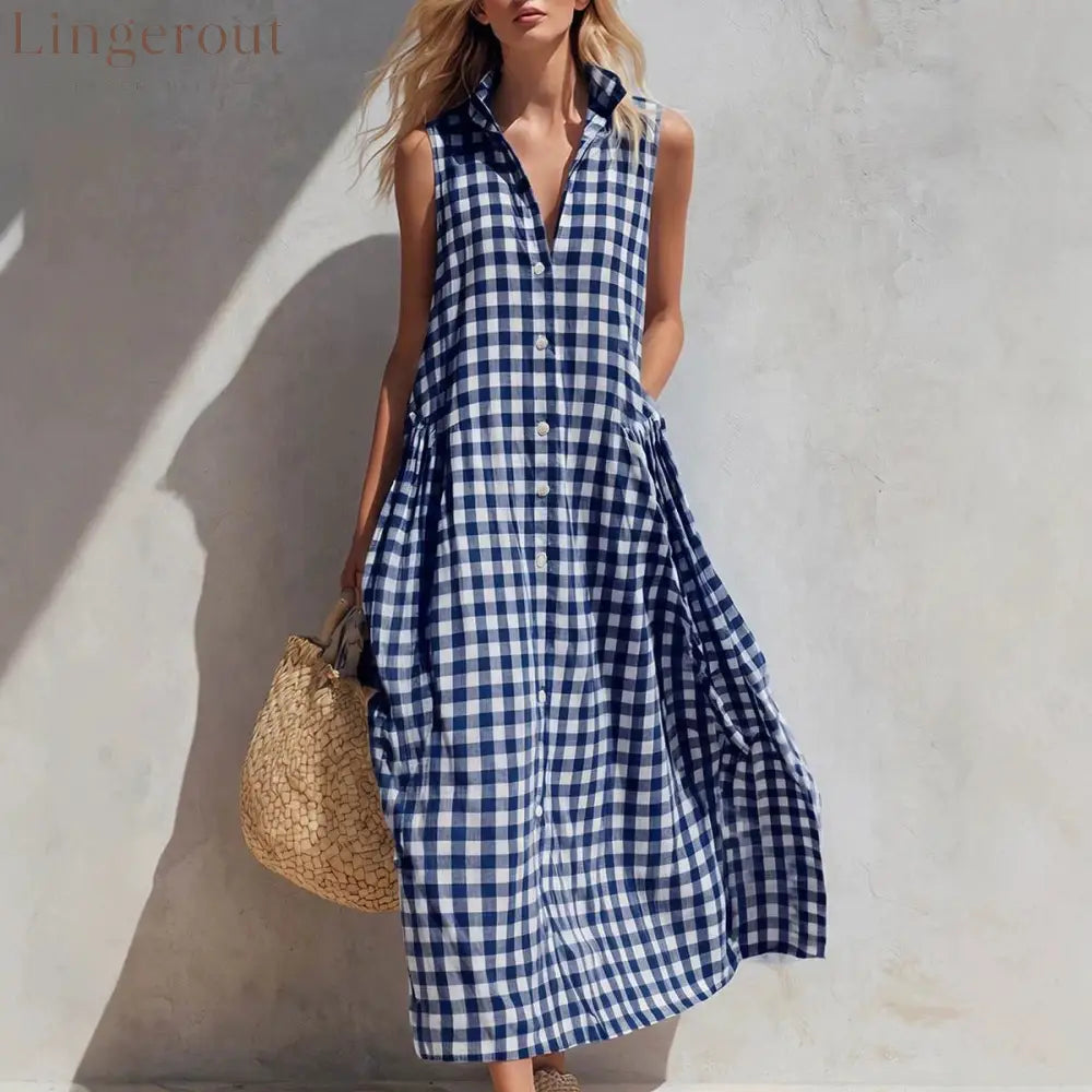 Women’s Summer Resort Seaside Plaid Sleeveless Loose Long Dress