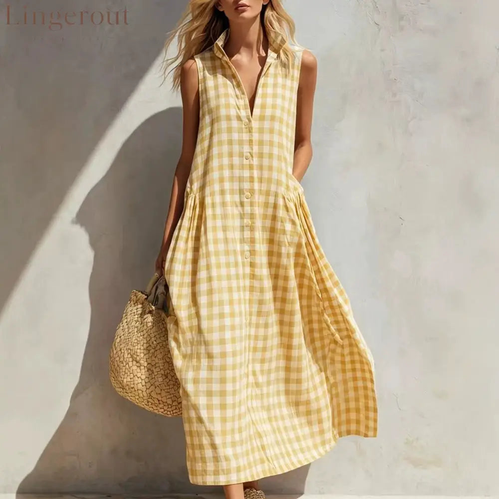 Women’s Summer Resort Seaside Plaid Sleeveless Loose Long Dress