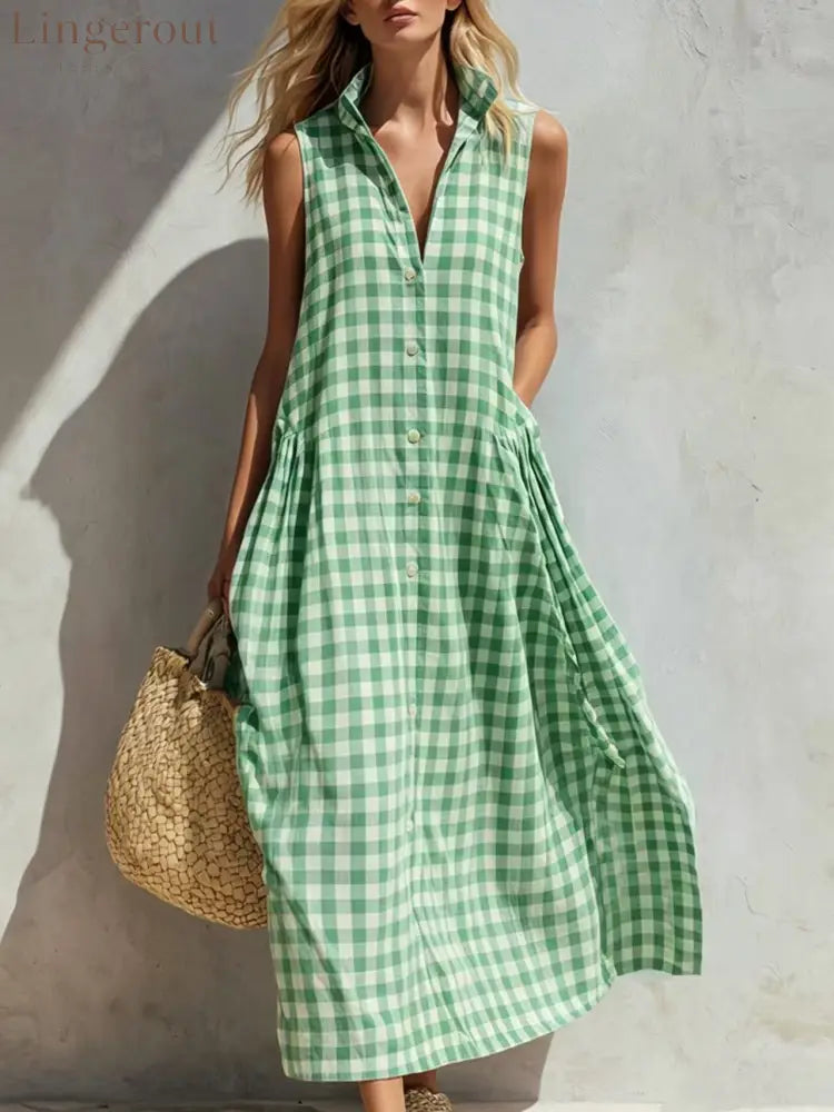 Women’s Summer Resort Seaside Plaid Sleeveless Loose Long Dress - Light green / XS