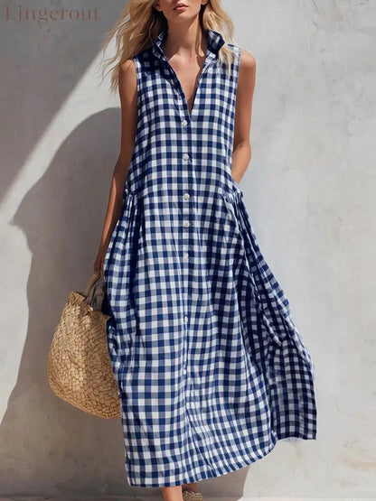 Women’s Summer Resort Seaside Plaid Sleeveless Loose Long Dress - Navy blue / XS