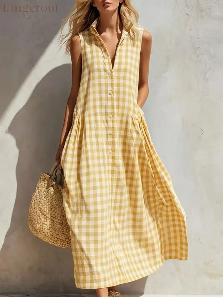 Women’s Summer Resort Seaside Plaid Sleeveless Loose Long Dress - Yellow / XS