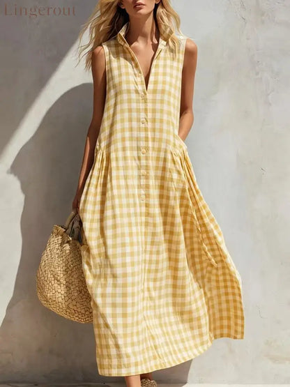 Women’s Summer Resort Seaside Plaid Sleeveless Loose Long Dress - Yellow / XS