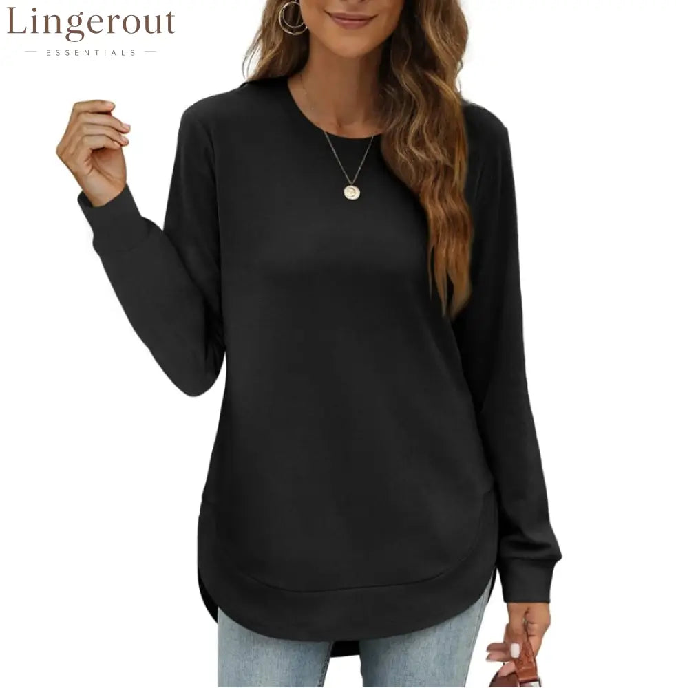 Women’s Sweatshirt Crewneck Curved Hem - Black / S