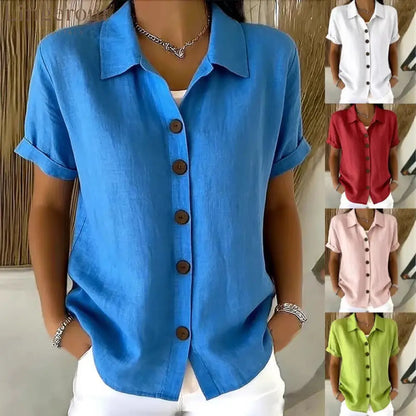 Women’s Turn-Down Collar Short Sleeve Linen Shirt