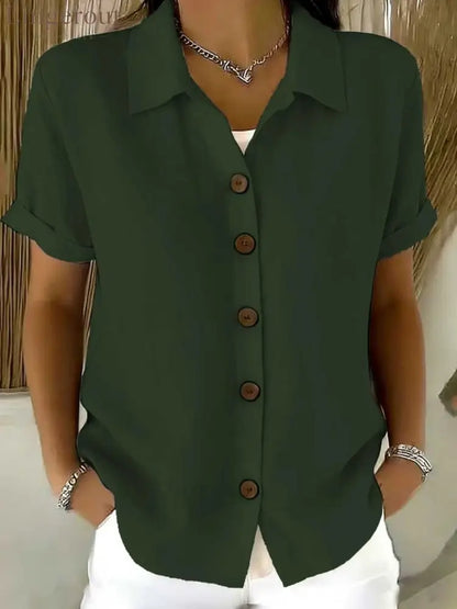 Women’s Turn-Down Collar Short Sleeve Linen Shirt - Army green / S