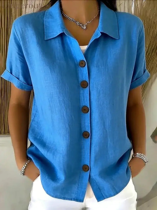 Women’s Turn-Down Collar Short Sleeve Linen Shirt - Blue / S