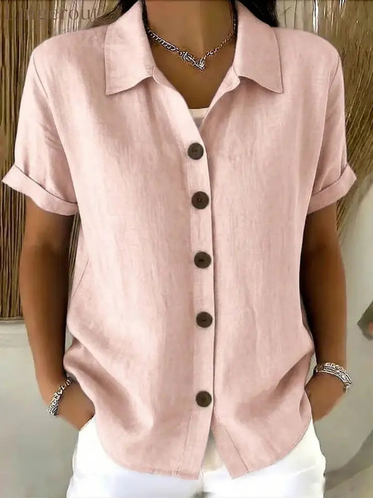 Women’s Turn-Down Collar Short Sleeve Linen Shirt - Pink / S