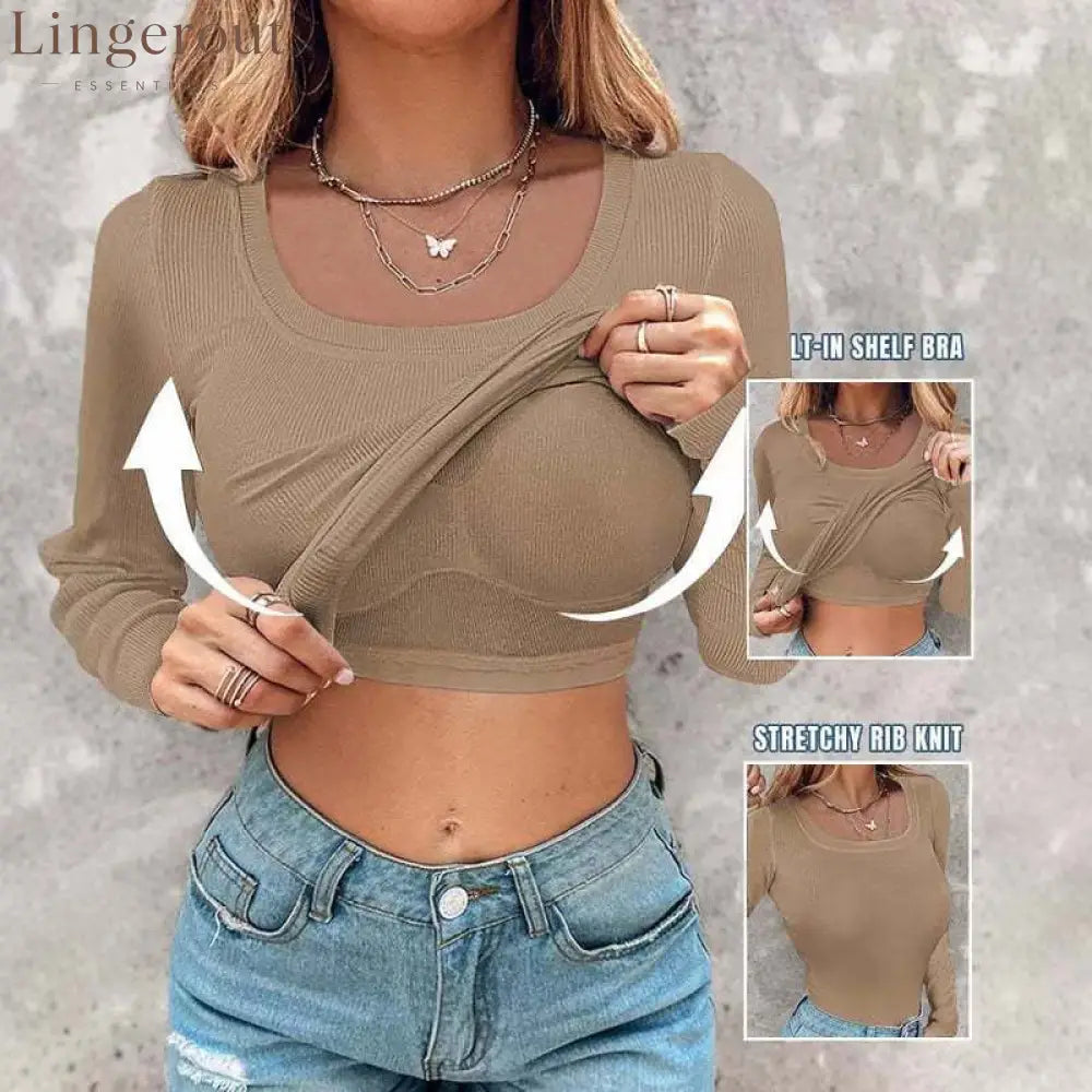 ??Womens U-Neck Built-in Bra Long Sleeve Ribbed Top Shirts Elegant Skinny Fit Fabric - Khaki / S