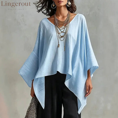Women’s V-neck 3/4-sleeve Casual Loose Cotton-linen Top