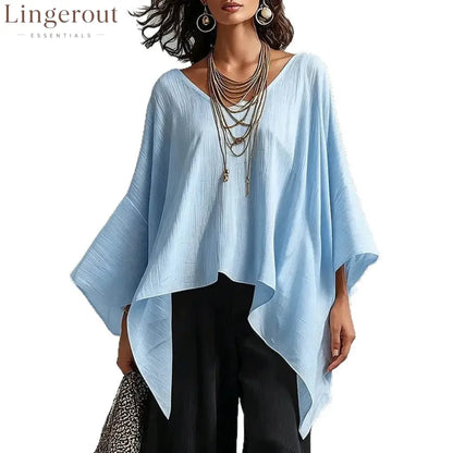 Women’s V-neck 3/4-sleeve Casual Loose Cotton-linen Top