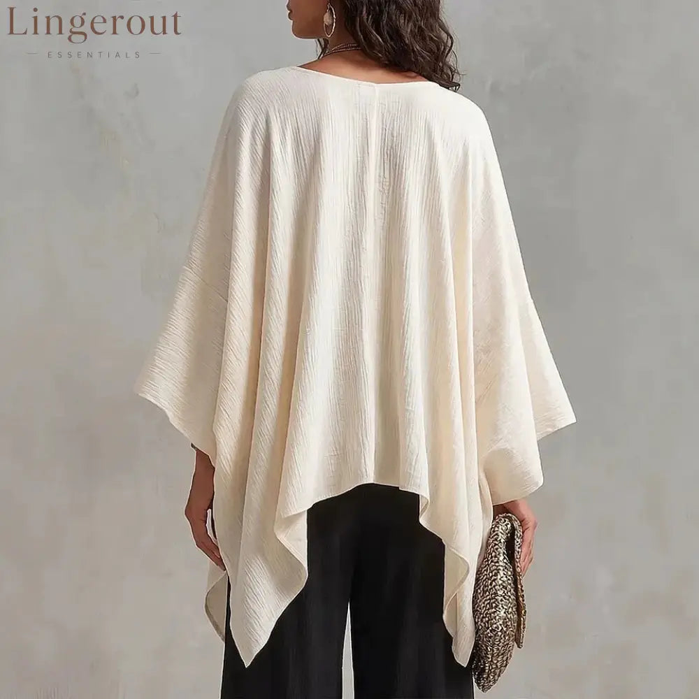 Women’s V-neck 3/4-sleeve Casual Loose Cotton-linen Top