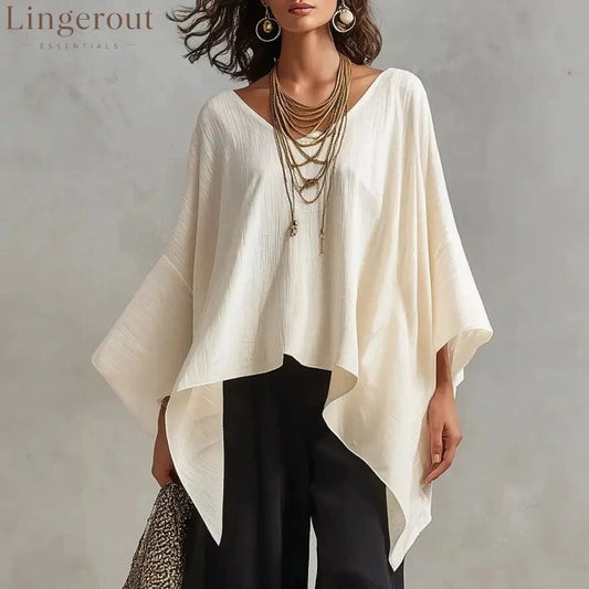 Women’s V-neck 3/4-sleeve Casual Loose Cotton-linen Top
