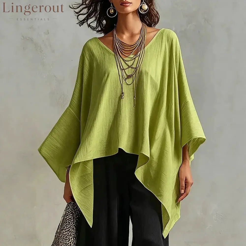 Women’s V-neck 3/4-sleeve Casual Loose Cotton-linen Top